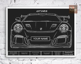Personalized Porsche 911 GT3 RS Blueprint - Custom Name Plate - Digital Car Art