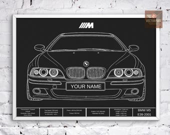 Personalized BMW M5 E39 Blueprint - Custom Name Plate - Digital Car Art