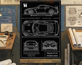 Nissan GT-R NISMO-2020 Blueprint Wall Art | Printable Technical Drawing