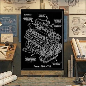 Ferrari V12 Motor Blueprint Kunst - Schwarzweiß Zeichnung - Mechaniker Geschenk - Digitaler Download