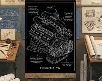 Ferrari V12 Engine Blueprint Art - Black and White Line Drawing - Mechanic Gift - Digital Download