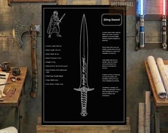 Plano técnico de la espada Sting / Dibujo técnico imprimible / Decoración de fantasía de El Hobbit