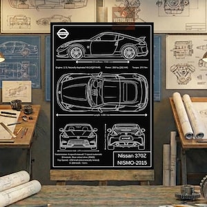 May include: A black poster featuring white technical line drawings of a Nissan 370Z NISMO 2015. The print displays side, top, front, and rear views with technical specifications including a 2,550 mm wheelbase and 4,330 mm length in white text.