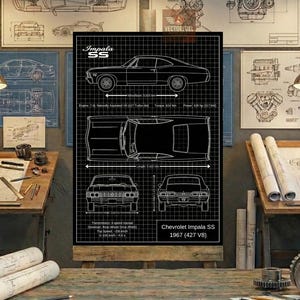 May include: A black and white blueprint-style poster of a 1967 Chevrolet Impala SS. The poster includes side, top, front, and rear views, along with specifications. The text "Impala SS" is at the top left, and "Chevrolet Impala SS 1967 (427 V8)" is at the bottom right.