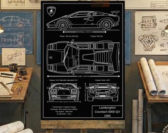 Lamborghini Countach 5000 QV-1985 Blueprint Wall Art | Printable Technical Drawing