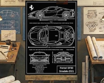 Dibujo técnico imprimible del Ferrari SF90 Stradale 2021 (dibujo mural)