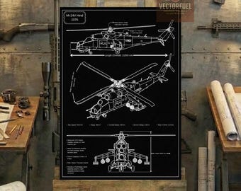 Plano técnico del helicóptero de ataque Mi-24V Hind / Dibujo técnico imprimible