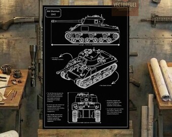Plano técnico del tanque M4 Sherman / Dibujo técnico imprimible / Aliados de la Segunda Guerra Mundial
