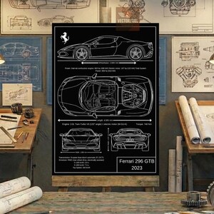 May include: Black poster featuring a Ferrari 296 GTB blueprint with detailed specifications. The poster includes side, top, front, and rear views, along with engine and drivetrain information. The text "Ferrari 296 GTB 2023" is displayed at the bottom.