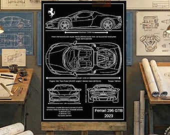 Ferrari 296 GTB-2023 Blueprint Wall Art | Printable Technical Drawing