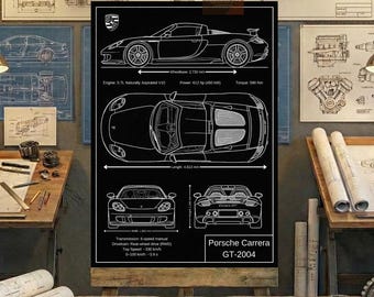 Porsche Carrera GT-2004 Blueprint Wall Art | Printable Technical Drawing
