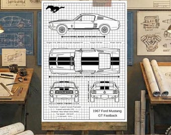 1967 Ford Mustang GT Fastback Blueprint Wall Art ( White Version) | Printable Technical Drawing