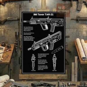 Può includere: Un diagramma in bianco e nero del fucile IMI Tavor TAR-21, con viste anteriore e posteriore, e un proiettile da 5,56x45mm. Il testo descrive le caratteristiche del fucile e il suo sviluppo da parte di Israel Military Industries.
