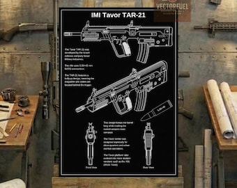 IMI Tavor TAR-21 Technical Blueprint Wall Art | Printable Technical Drawing