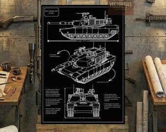 Plano técnico del M1A2 Abrams SEPv3 / Dibujo técnico imprimible / Póster de tanque de batalla principal moderno