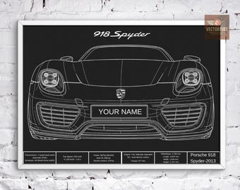 Personalized Porsche 918 Spyder Blueprint - Custom Name Plate - Digital Car Art
