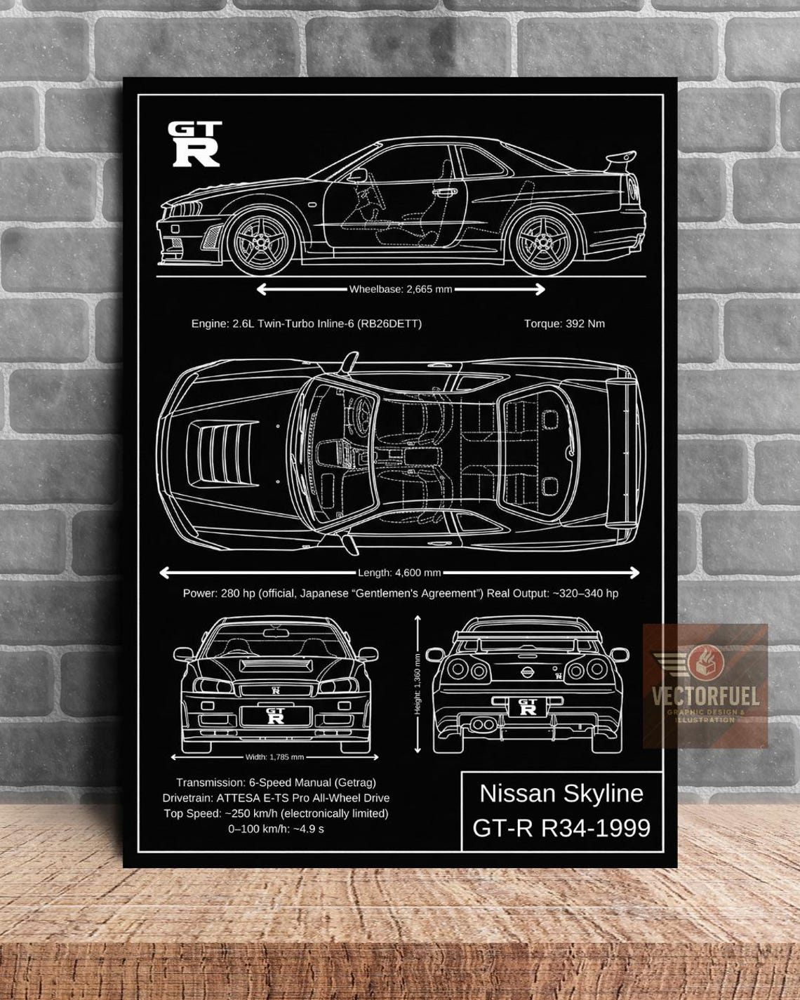 Gt R R34 Fnf Blueprint Nissan Skyline GT-R R34-1999 Blueprint Wall Art | Printable Technical ...