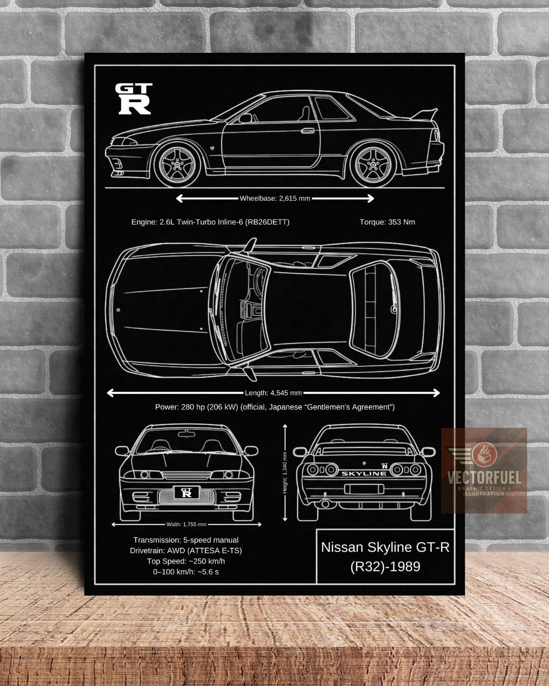 Nissan Skyline GT-R (R32)-1989 Blueprint Wall Art | Printable Technical ...