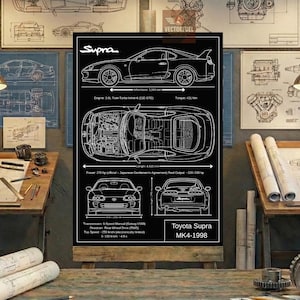 May include: Black poster showing a Toyota Supra MK4-1998 blueprint. The poster includes detailed diagrams of the car's design, including side, top, front, and rear views, plus engine specs. The text "Supra" is displayed at the top.