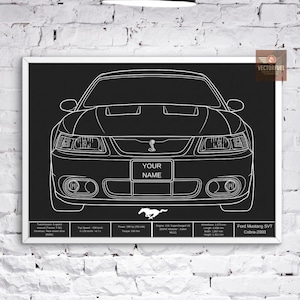 May include: A framed black and white print of a Ford Mustang SVT Cobra-2003. The print features a detailed line drawing of the car's front view, with the text "YOUR NAME" in a box. Technical specifications are listed below the car image.