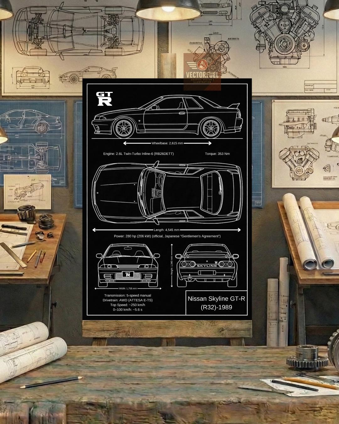 Nissan Skyline GT-R (R32)-1989 Blueprint Wall Art | Printable Technical ...