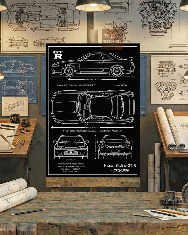 Nissan Skyline GT-R (R32)-1989 Blueprint Wall Art | Printable Technical ...