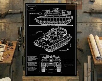 Plano técnico del tanque Merkava Mk4 / Dibujo técnico imprimible / Póster moderno de tanque principal de batalla