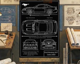 Ford Mustang SVT Cobra-2003 blauwdruk muurkunst | Afdrukbare technische tekening