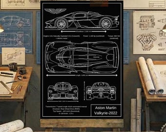 Aston Martin Valkyrie-2022 Blueprint Wall Art | Printable Technical Drawing