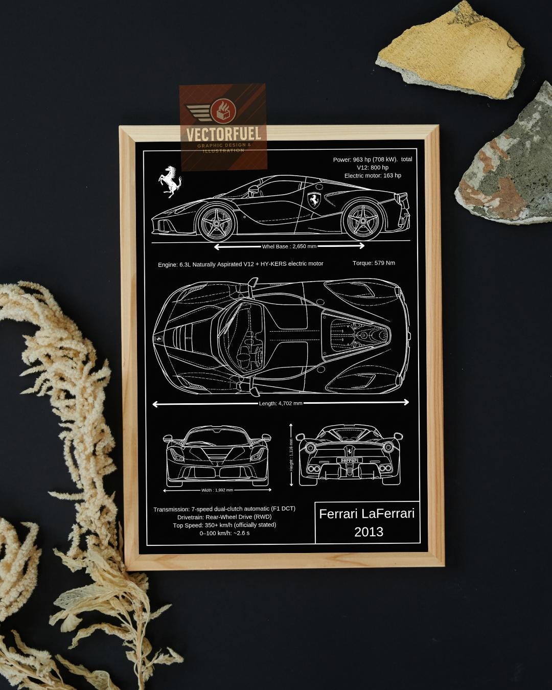 Ferrari Laferrari 2013 Blueprint Wall Art | Printable Technical