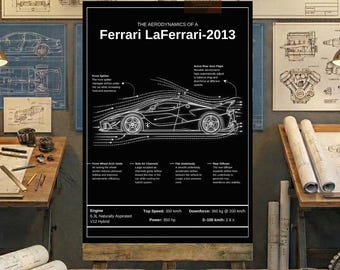 Ferrari LaFerrari-2013 Aerodynamics Blueprint Poster - Car Wall Art - Supercar Print