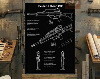 Heckler & Koch G36 Technical Blueprint Wall Art | Printable Technical Drawing
