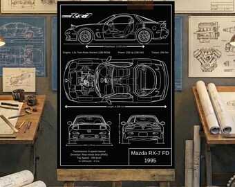 Mazda RX-7 FD 1995 Blueprint Wall Art | Printable Technical Drawing