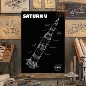 Puede incluir: Un póster negro con un dibujo técnico de líneas blancas del cohete Saturn V. El texto dice SATURN V y NASA. Las anotaciones detalladas incluyen especificaciones como una altura de 110,6 m y una masa de lanzamiento de 2.970.000 kg.