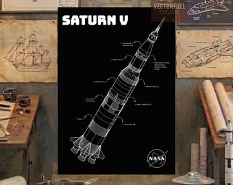 Saturn V Rocket Technical Blueprint Poster | Space Exploration Wall Decor