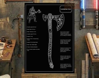 Plano técnico del hacha Leviatán / Dibujo técnico imprimible / Decoración de God of War