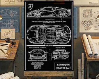 Lamborghini Revuelto-2024 Blueprint Wall Art | Printable Technical Drawing