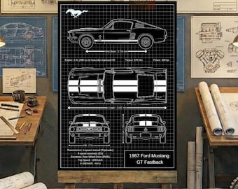 1967 Ford Mustang GT Fastback Blueprint Wall Art | Printable Technical Drawing