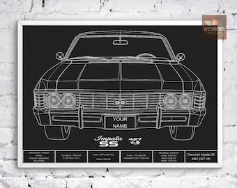 Personalized 1967 Impala SS Blueprint - Supernatural Car Art - Dean Winchester Gift