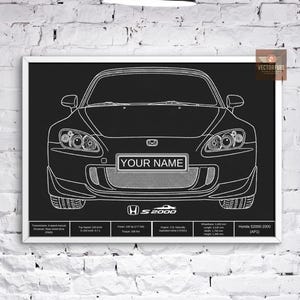 Puede incluir: Ilustración en blanco y negro enmarcada, estilo plano, de un coche Honda S2000. La imagen incluye el texto "YOUR NAME" y "HS2000". Las especificaciones del coche se enumeran debajo de la imagen.