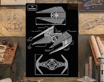 TIE Interceptor Technical Blueprint Art | Digital Download A4 | Star Wars Decor