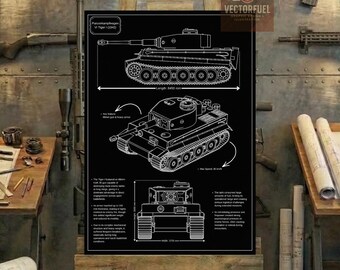 Plano técnico del tanque Tiger I / Dibujo técnico imprimible / Decoración de la Segunda Guerra Mundial