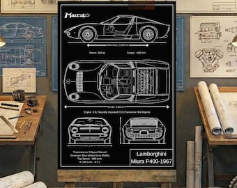 Lamborghini Miura P400-1967 Blueprint Wall Art | Printable Technical Drawing