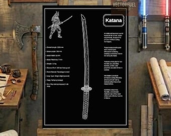 Plano técnico de katana japonesa / Dibujo técnico imprimible / Decoración samurái