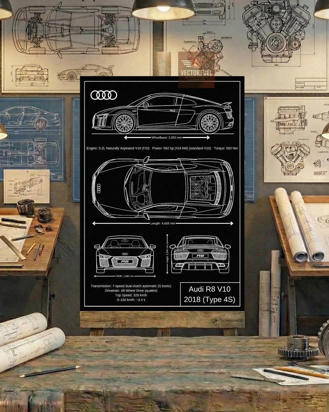 Audi R8 V10 2018 (type 4S) Blueprint Wall Art | Printable Technical ...