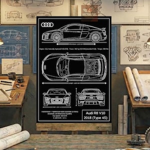 Op de afbeelding: Zwart poster met een witte schematische weergave van een Audi R8 V10 2018 (Type 4S), met zij-, boven-, voor- en achteraanzichten. Technische details zijn onder meer motor, vermogen en transmissie. De wielbasis is 2.650 mm. Topsnelheid 329 km/u.