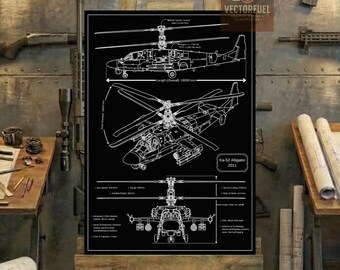 Plano técnico del helicóptero de ataque Ka-52 Alligator / Dibujo técnico imprimible
