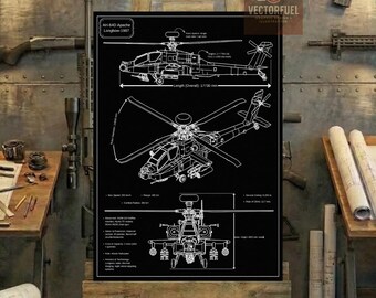 Plano técnico del helicóptero AH-64D Apache Longbow / Dibujo técnico imprimible