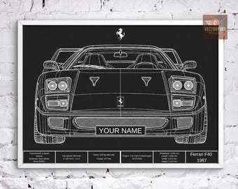 Personalized Ferrari F40 Blueprint - Custom Name Plate - Retro Car Art Digital