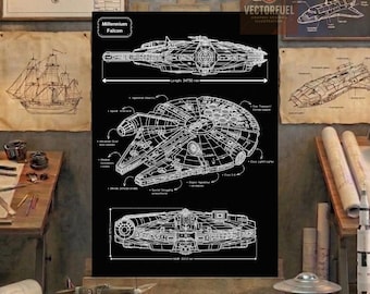 Millennium Falcon Technical Blueprint Art | Digital Download A4 | Star Wars Decor